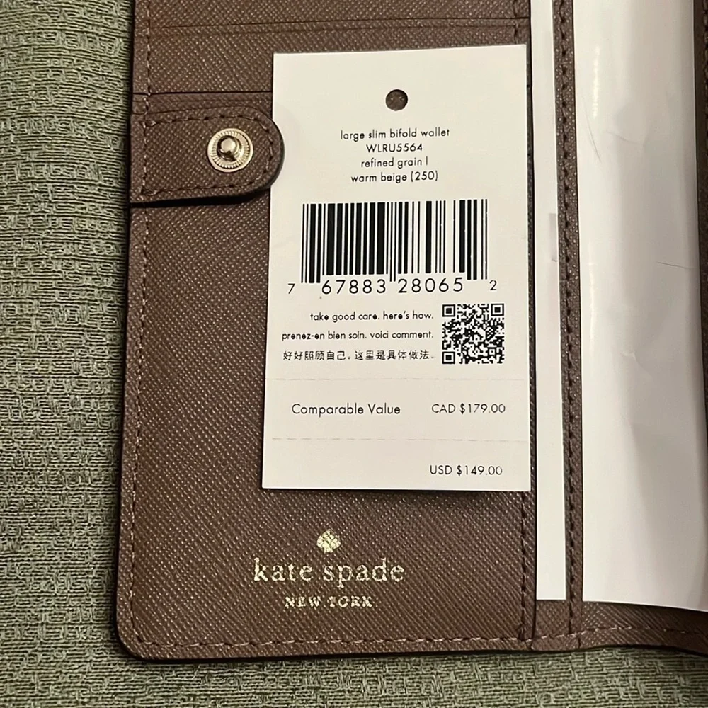 Brand New Kate Spade Genuine Leather Large Slim Bifold Wallet Warm Beige Neutral